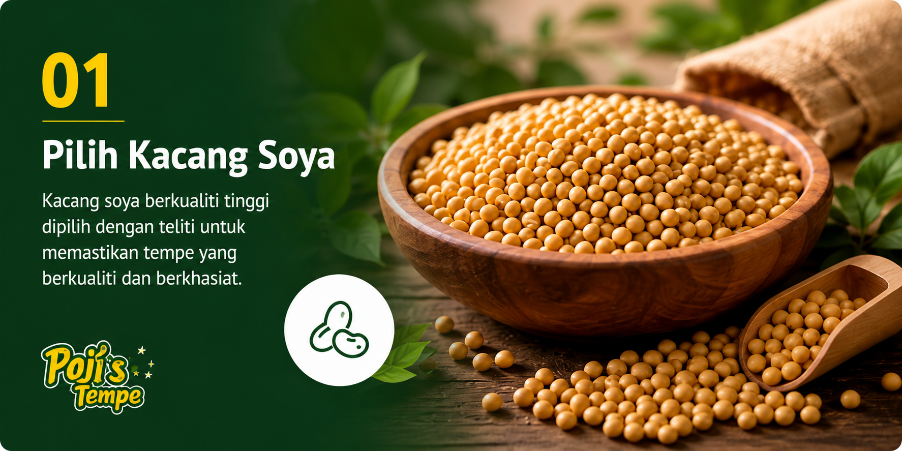 Langkah 01, memilih kacang soya berkualiti di dalam mangkuk kayu