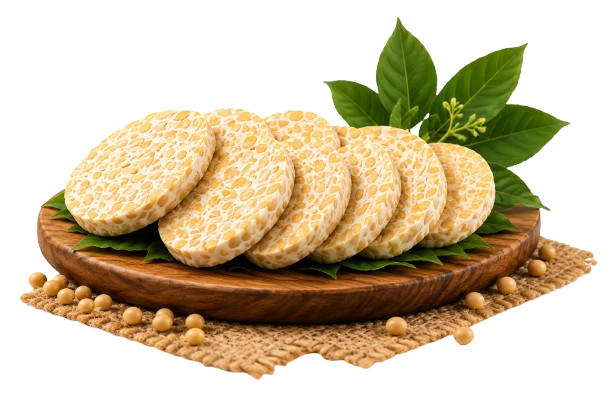 Hirisan tempe di atas dulang kayu bersama daun hijau dan kacang soya